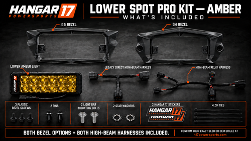 Hangar 17 Lower Spot Pro Kit - amber contents: G5 and G4 bezels, dual-row light, both high-beam harnesses, 3 plastic screws, 2 pins, 2 mounting bolts, 2 star washers, 2 stickers and 4 zip ties
