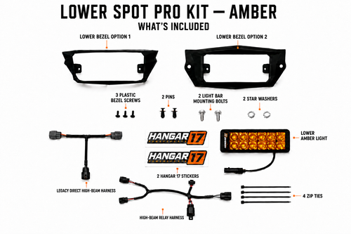 Lower Spot Pro Kit - Amber contents: both black bezel options, light, Legacy Direct High-Beam Harness, High-Beam Relay Harness, mounting hardware, zip ties, and Hangar 17 stickers