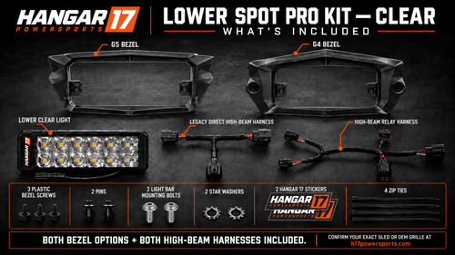 Hangar 17 Lower Spot Pro Kit - clear contents: G5 and G4 bezels, dual-row light, both high-beam harnesses, 3 plastic screws, 2 pins, 2 mounting bolts, 2 star washers, 2 stickers and 4 zip ties