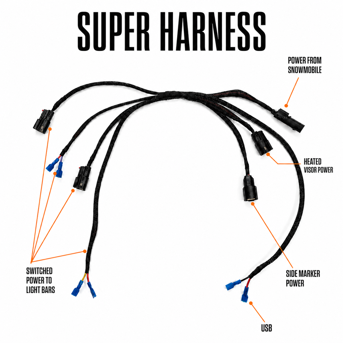Super Harness diagram showing switched power for upper and lower light bars, power from the snowmobile, and three continuous-power accessory connections for a heated visor, side-marker lighting, and USB power