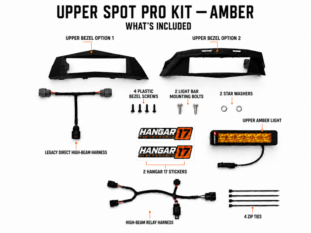 Upper Spot Pro Kit - Amber contents: both black bezel options, light, Legacy Direct High-Beam Harness, High-Beam Relay Harness, mounting hardware, zip ties, and Hangar 17 stickers