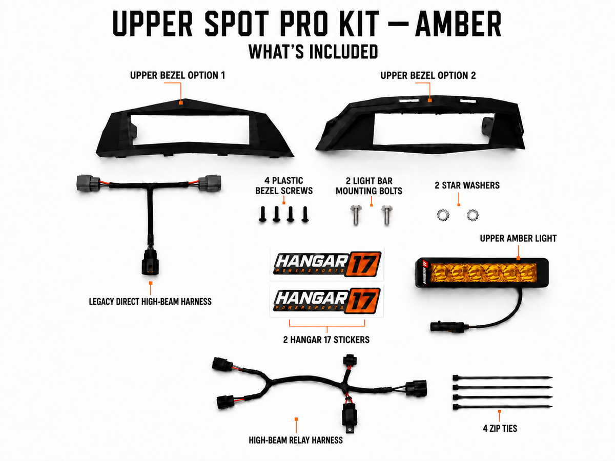 Upper Spot Pro Kit - Amber contents: both black bezel options, light, Legacy Direct High-Beam Harness, High-Beam Relay Harness, mounting hardware, zip ties, and Hangar 17 stickers