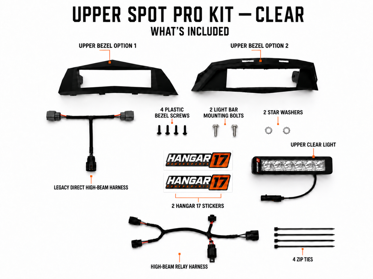 Upper Spot Pro Kit - Clear contents: both black bezel options, light, Legacy Direct High-Beam Harness, High-Beam Relay Harness, mounting hardware, zip ties, and Hangar 17 stickers