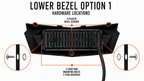 Lower Bezel Option 1 hardware locations with Allen flange bolts: 3 plastic bezel screws, 2 light bar mounting bolts, and 2 star washers