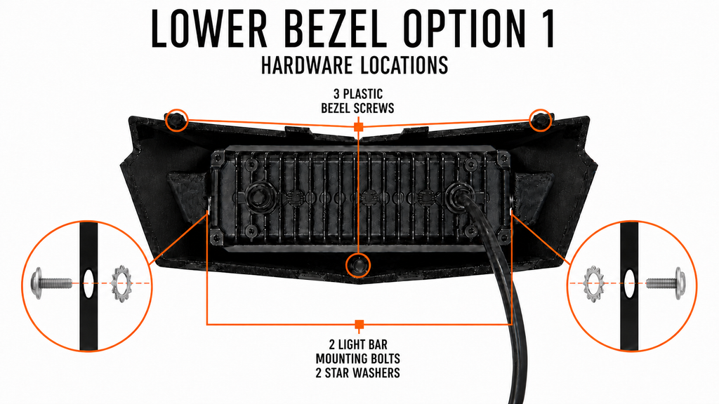 Lower Bezel Option 1 hardware locations with Allen flange bolts: 3 plastic bezel screws, 2 light bar mounting bolts, and 2 star washers