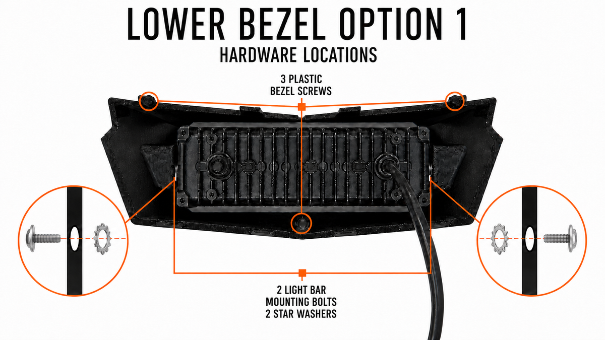 Lower Bezel Option 1 hardware locations with Allen flange bolts: 3 plastic bezel screws, 2 light bar mounting bolts, and 2 star washers
