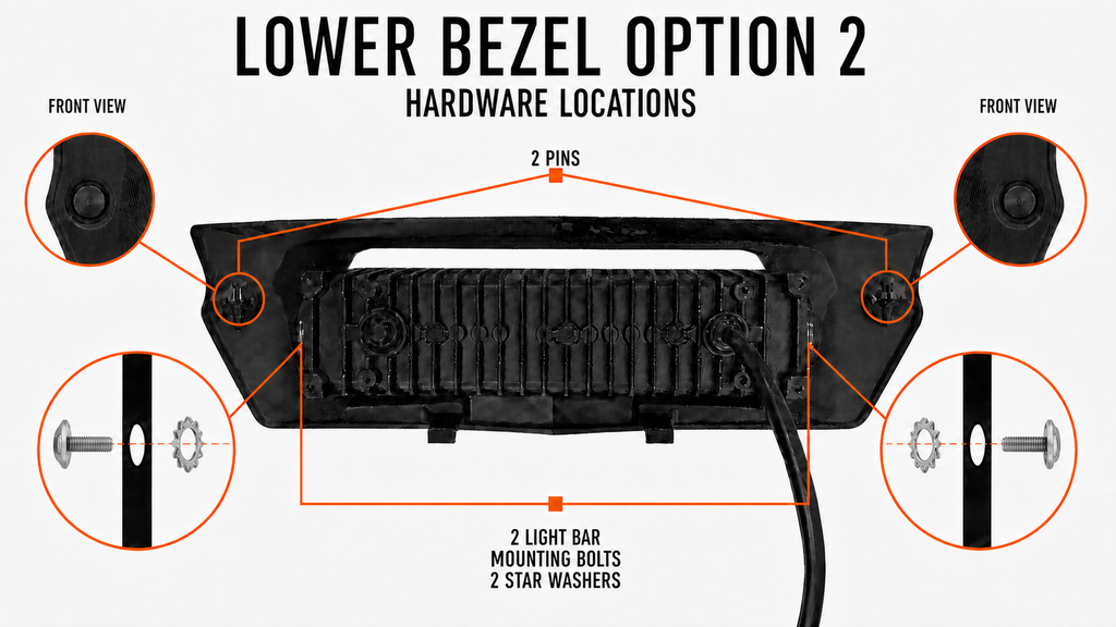 Lower Bezel Option 2 hardware locations with front views and Allen flange bolts: 2 push pins, 2 light bar mounting bolts, and 2 star washers