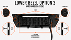 Lower Bezel Option 2 hardware locations with front views and Allen flange bolts: 2 push pins, 2 light bar mounting bolts, and 2 star washers