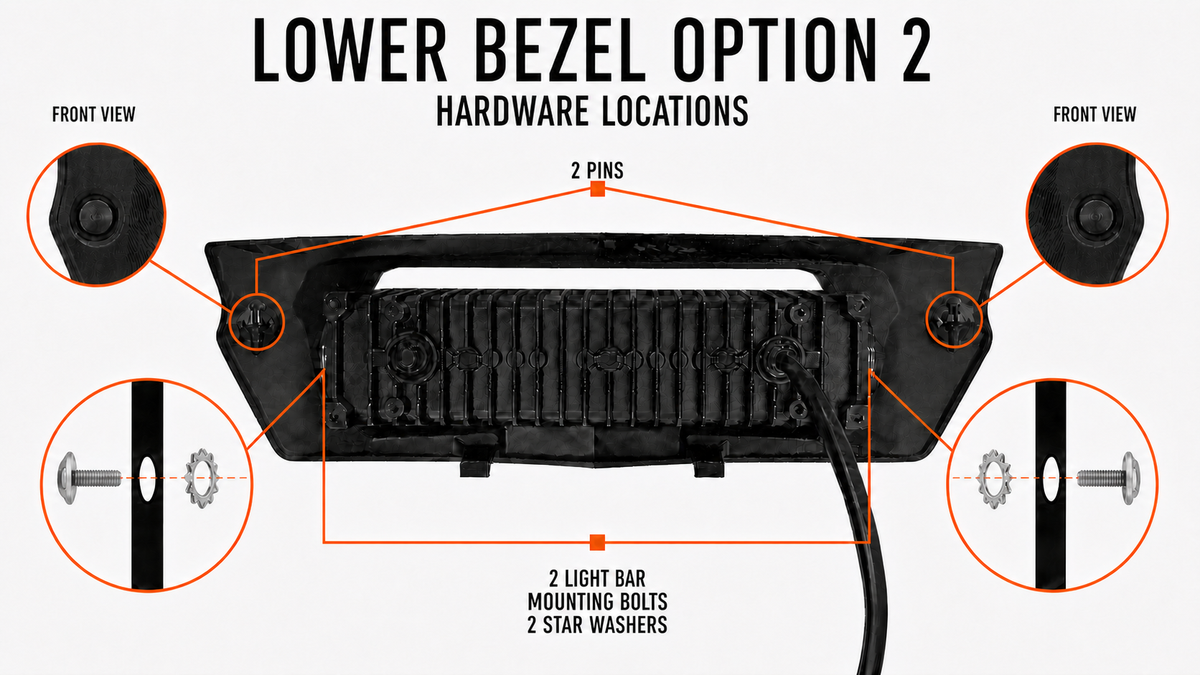 Lower Bezel Option 2 hardware locations with front views and Allen flange bolts: 2 push pins, 2 light bar mounting bolts, and 2 star washers