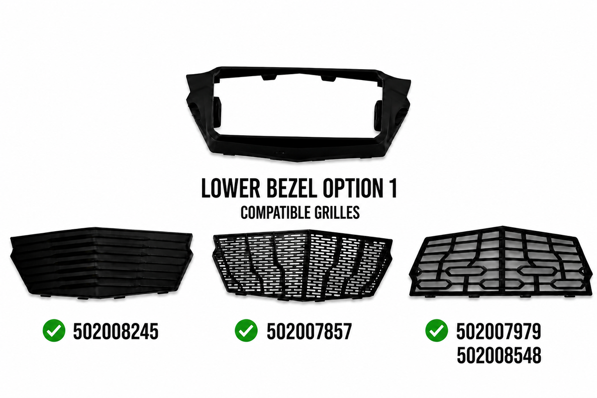 Lower Bezel Option 1 compatible OEM grilles: 502008245, 502007857, 502007979, and 502008548