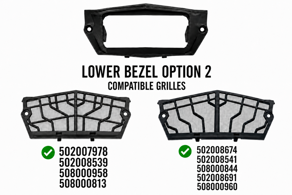 Lower Bezel Option 2 compatible OEM grilles: 502007978, 502008539, 508000958, 508000813, 502008674, 502008541, 508000844, 502008691, and 508000960