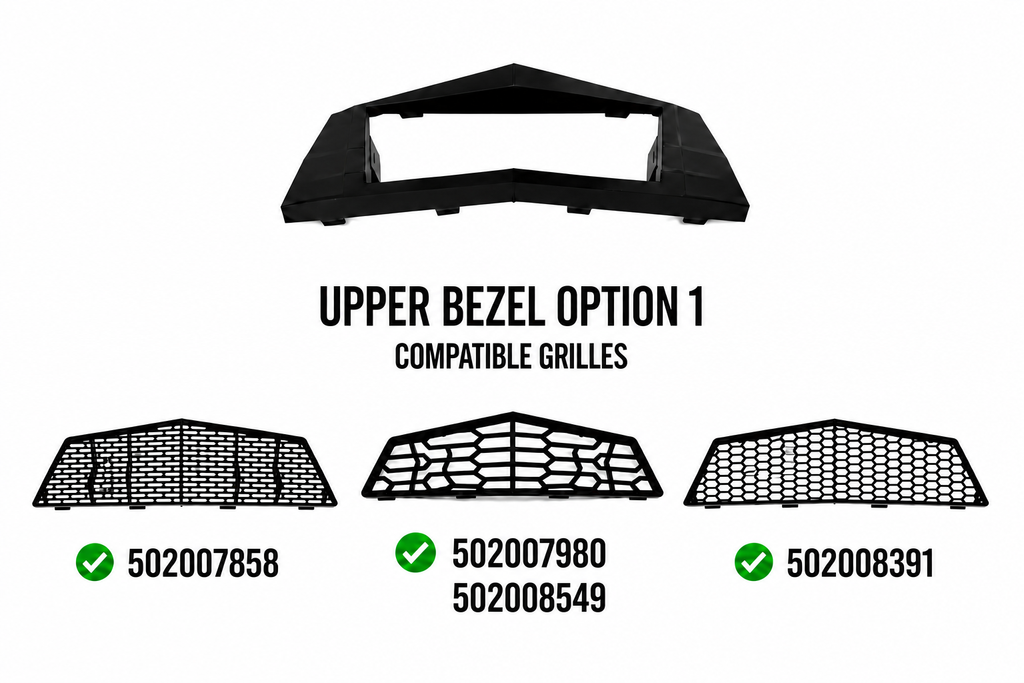 Upper Bezel Option 1 compatible OEM grilles: 502007858, 502007980, 502008549, and 502008391