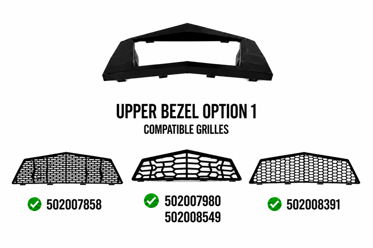 Upper Bezel Option 1 compatible OEM grilles: 502007858, 502007980, 502008549, and 502008391