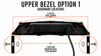 Upper Bezel Option 1 hardware locations: 4 plastic bezel screws, 2 light bar mounting bolts, and 2 star washers
