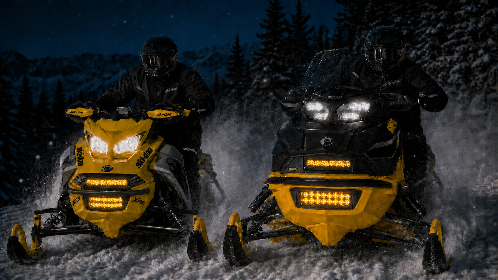 Two compatible Ski-Doo snowmobiles with amber upper and lower Spot Pro lights