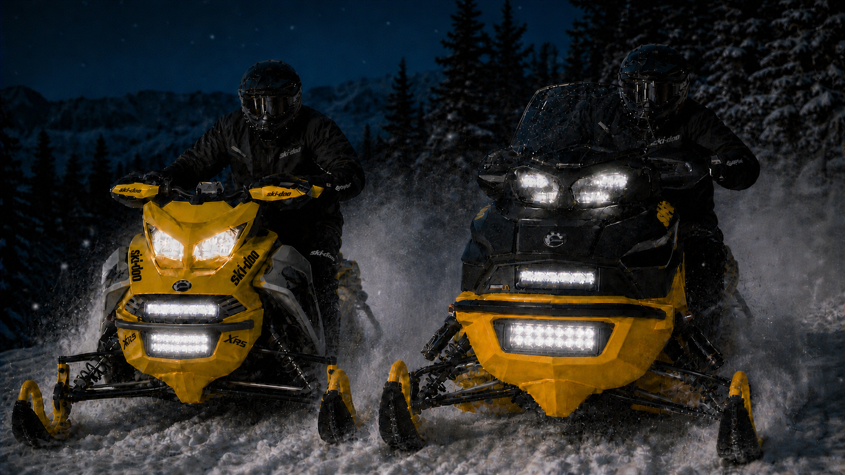 Two compatible Ski-Doo snowmobiles with clear upper and lower Spot Pro lights