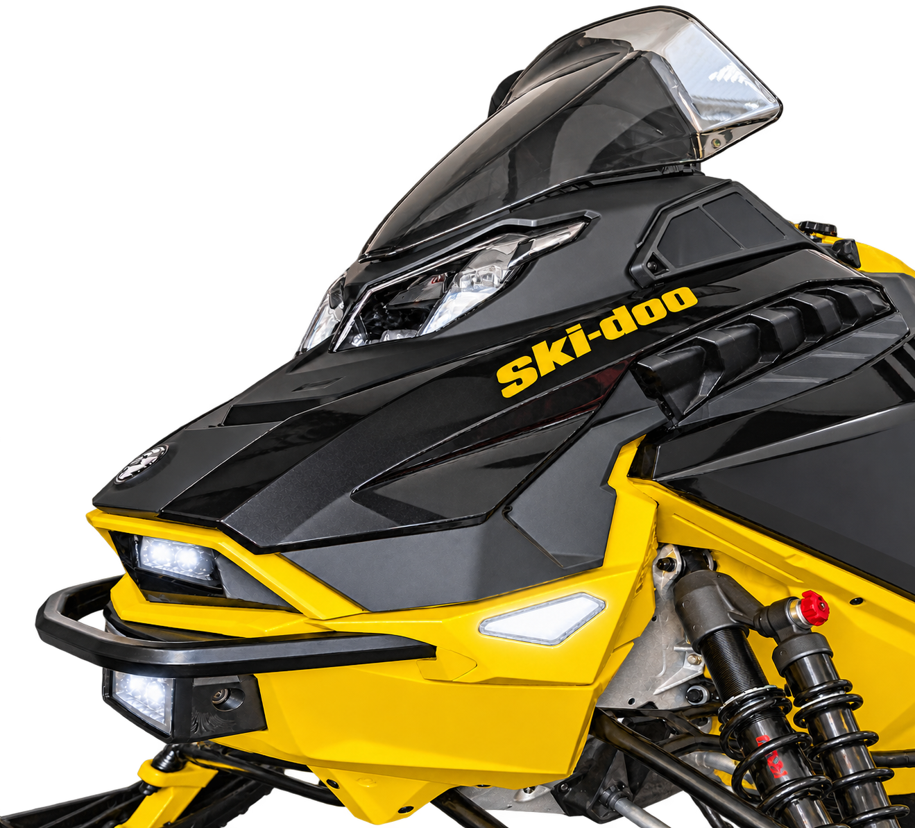 RGB side marker installed below the hood on a yellow Ski-Doo snowmobile
